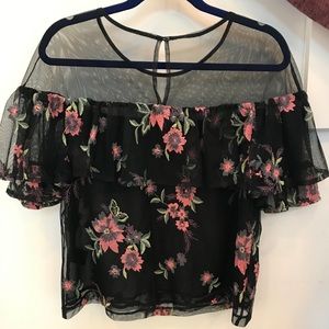 Sheer short-sleeve blouse w/ embroidered flowers